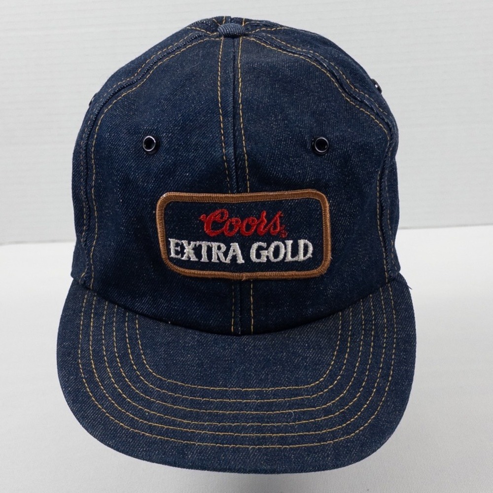 Vintage 80s Coors Trucker Hat Mens Snap Blue Raw Denim Heritage Extra Gold USA